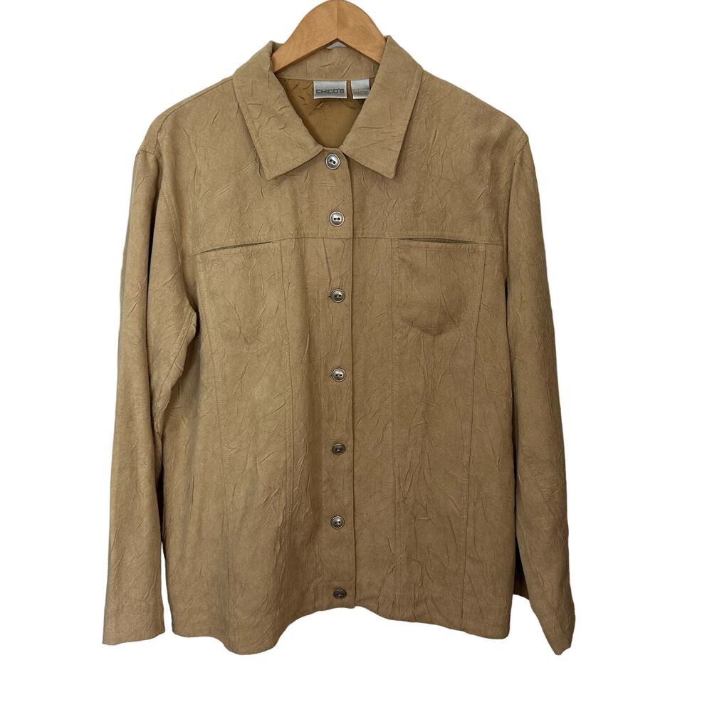 Chico's Faux Suede Button Up Shirt Camel Tan Chest Pockets Size Large 2 Soft